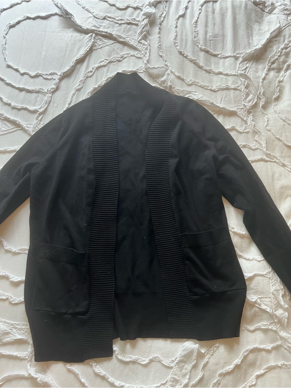 Black Open-Front Rib Trim Cardigan